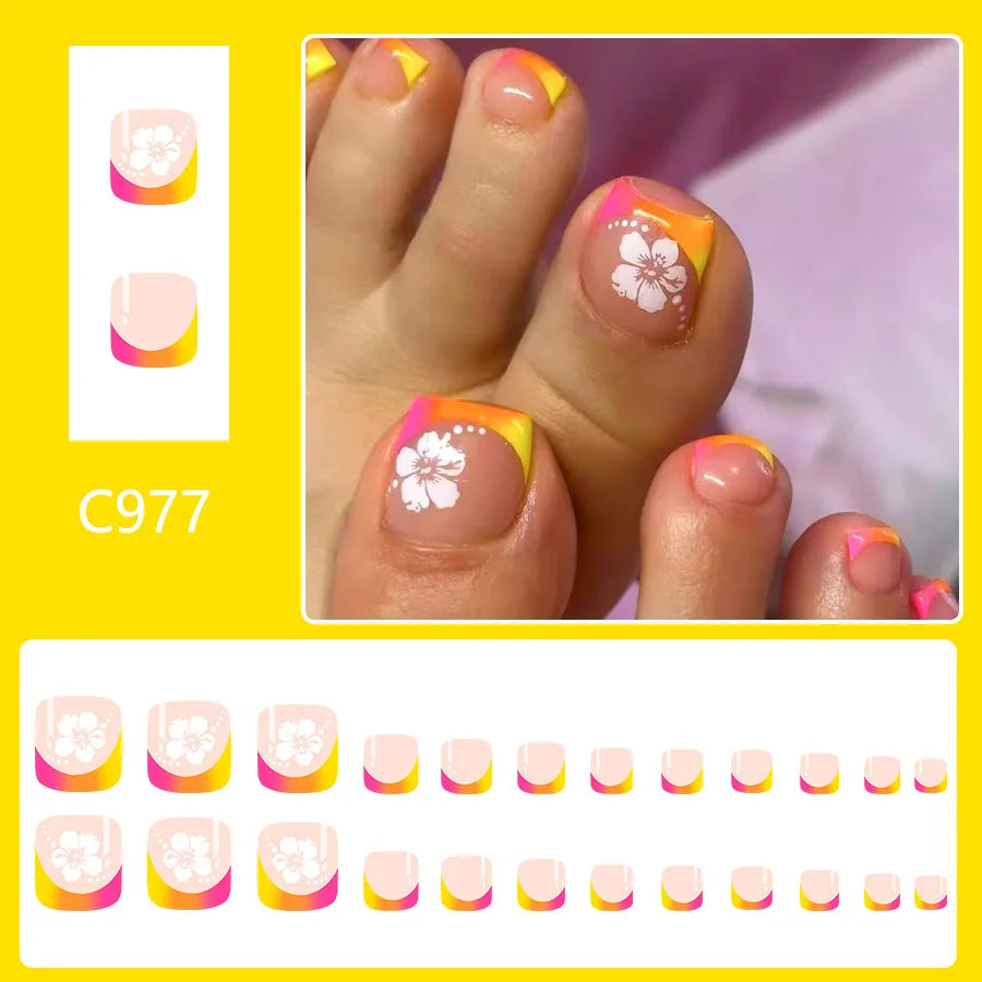 24pcs Summer Beach False Toenails Blue French Square Fake Toenails Wearable Coconut Trees Shell Print Press on Nails for Toe 2