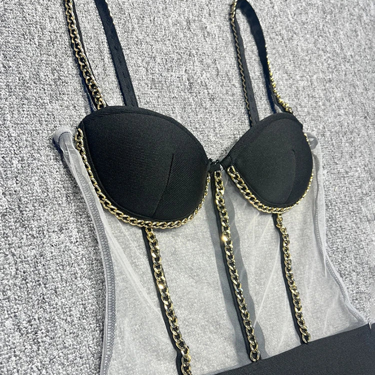 Black Bandage Short Dress Women 2024 Fashion Summer Sexy Spaghetti Strap Mesh Patchwork Perspective Mini Dress