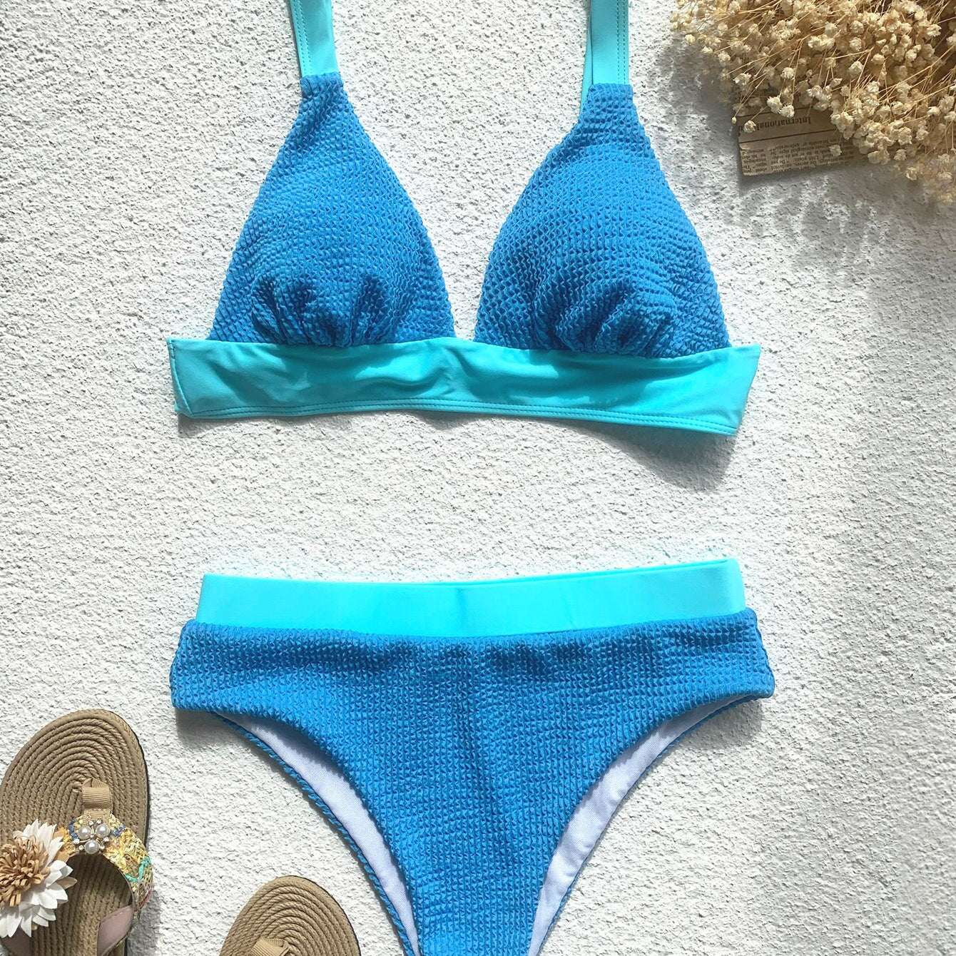 Sexy V-neck Bikini High Waist Swimsuit - Textured Swimwear Colorblock Bathing Suit New High Cut Bikinis Set