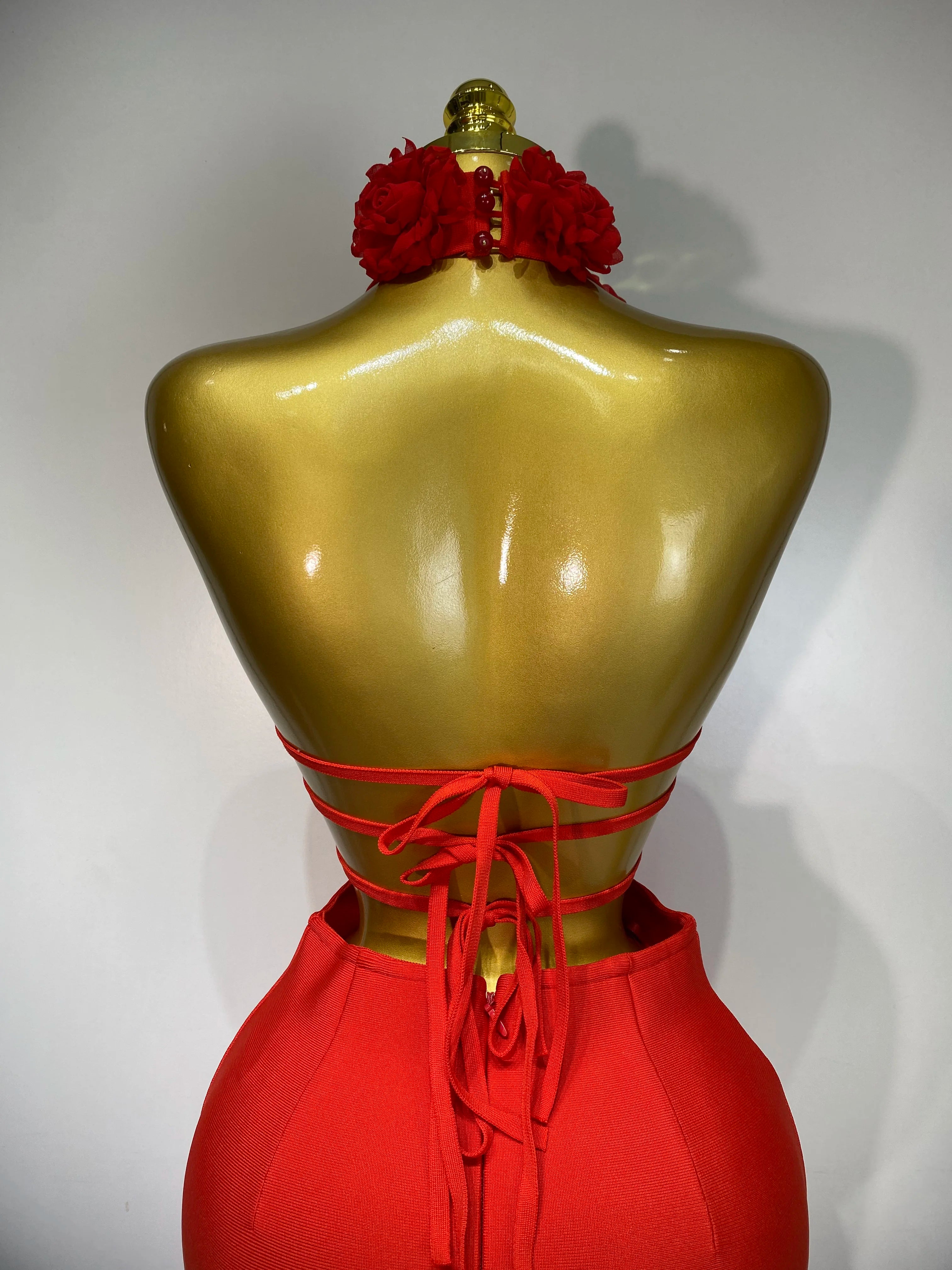 2025 New Women Sexy Halter Hollow Out Flowers Bodycon Bandage Dress Red Backless Elegant Party Luxury Birthday Wedding Dresses