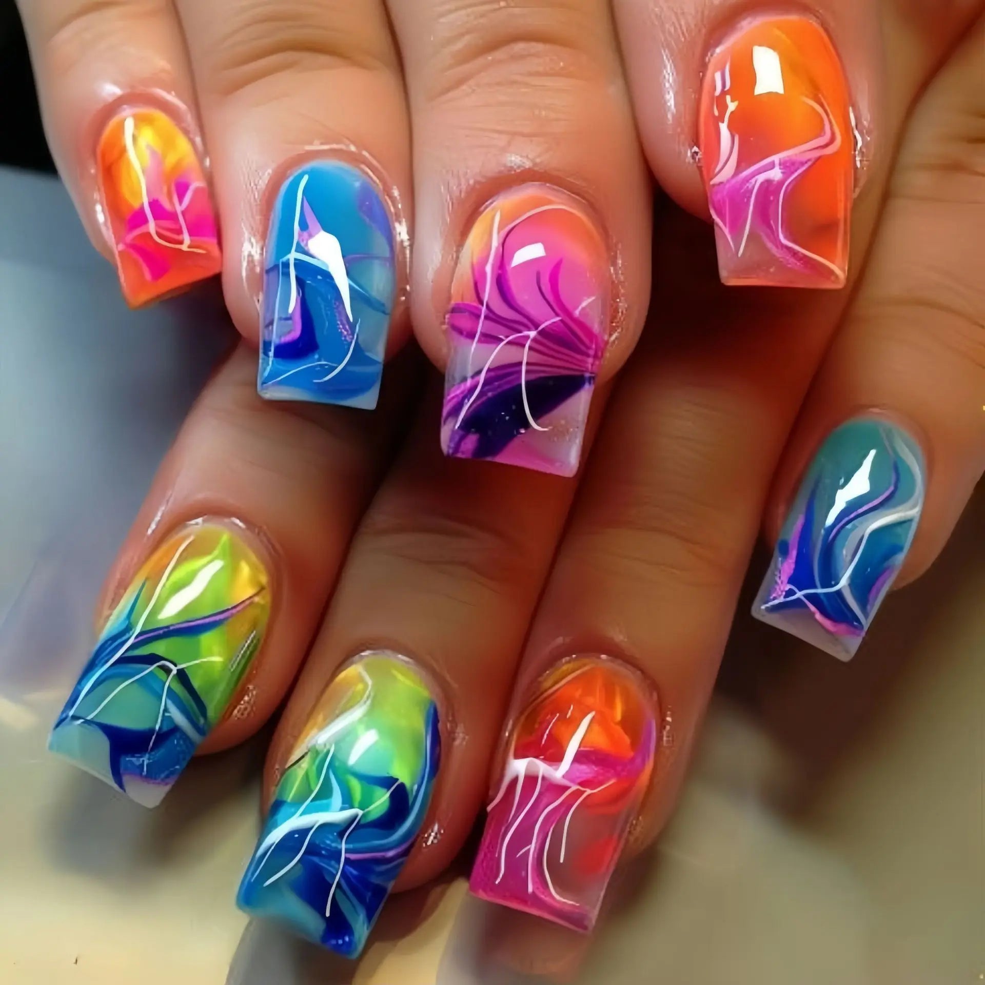 24pcs/set Medium long fake nails for women girls Y2K gradient purple blue yellow green square almond tips press on false nails 2680