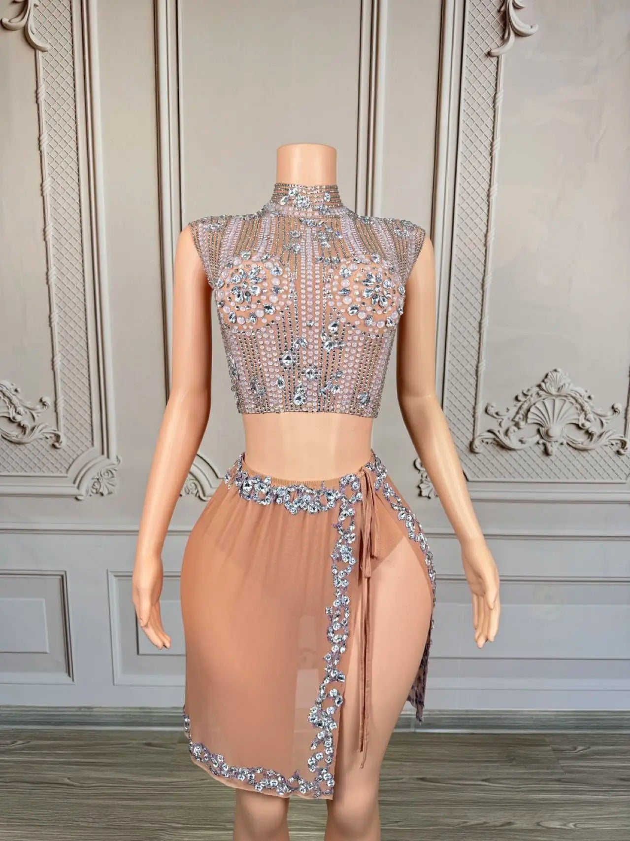 Sparkly Rhinestone Crop Tops Mini Skirt 2Pieces Set Festival Party Mesh Outfit Side Slits Bodysuit Event Dance Sexy Wear Luzhu
