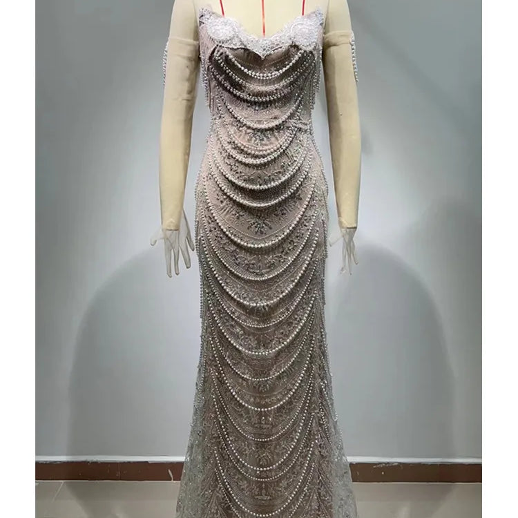 Women Luxury Sexy Strapless Backless Pearl Sequins Maxi Long Gowns Dress 2024 Elegant Evening Party Club Dress Vestido