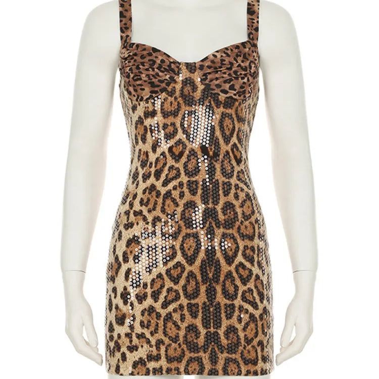 Sequins Leopard Print Sexy Mini Dress For Women Summer New Spaghetti Strap Sleeveless Backless Club Party Dress Brown