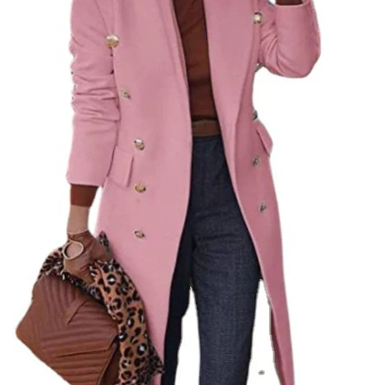 Women Jacket Lapel Medium Length Woolen Overcoat Autumn Winter Solid Double Breasted Topcoat Office Lady Tops Autumn Winter