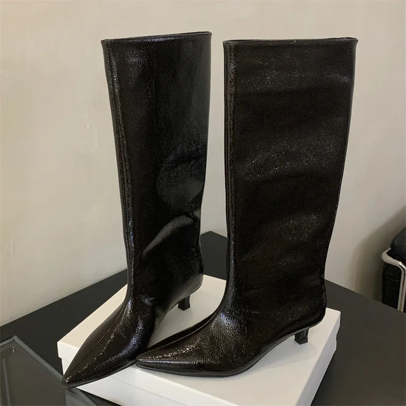 Eilyken Autumn Winter Street Style Thin Low Heels Women Knee-High Boots Sexy Pointed Toe Casual Party Shoes Long Botas Mujer Dark Red