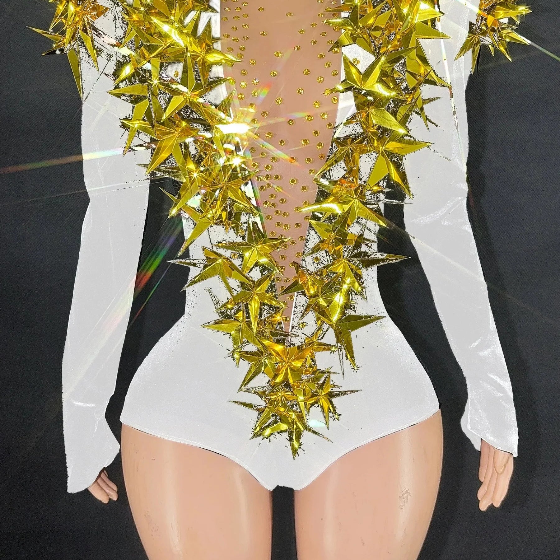 2025 New Shiny Black Rhinestone Velvet Long Sleeve Bodysuit Women Evening Party Club Gala Hosts NightClub Bar Stage Costumes WHITE