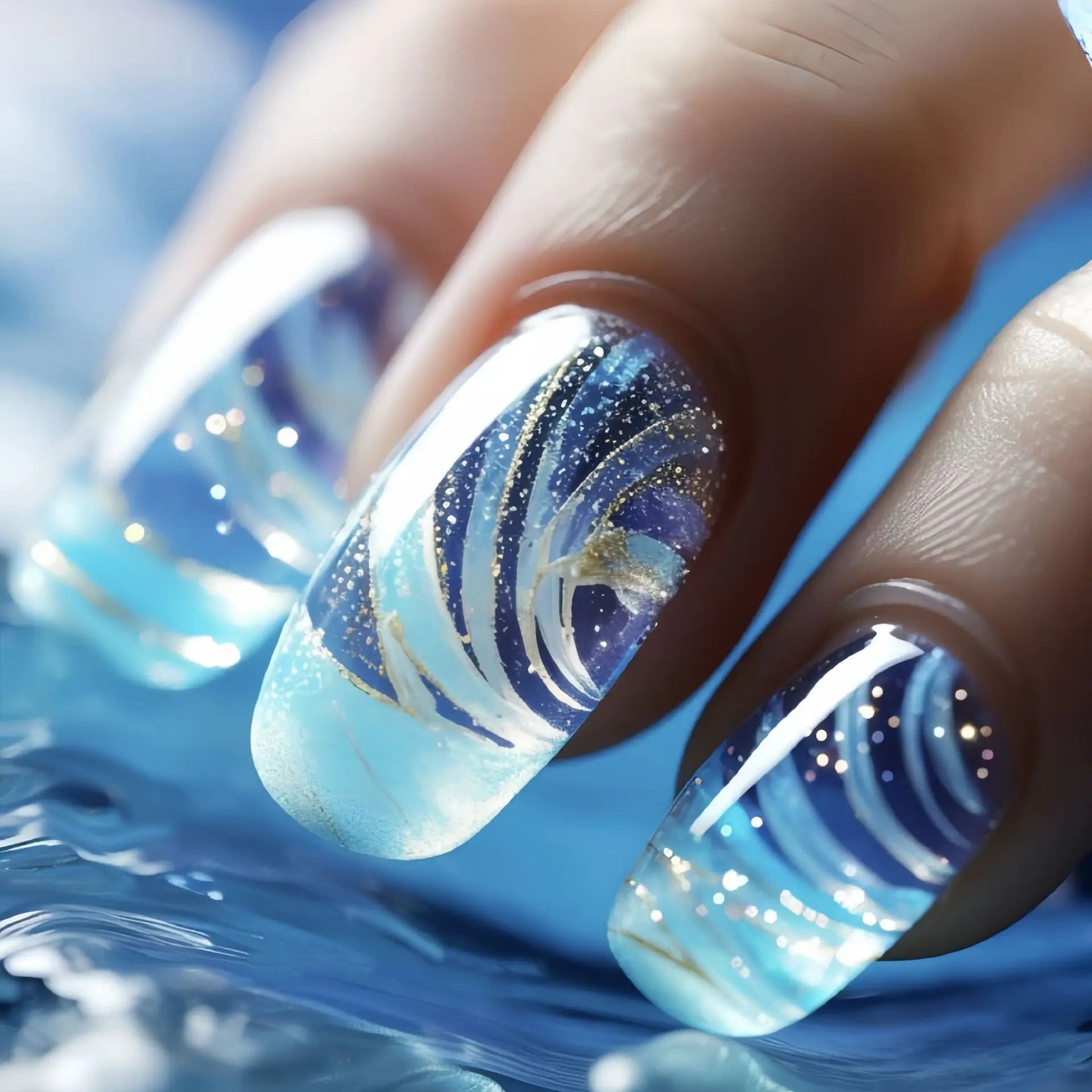 24pcs/set Medium long fake nails Gradient blue ocean fish sun flowers butterfly square ballet summer tips press on false nail 2357