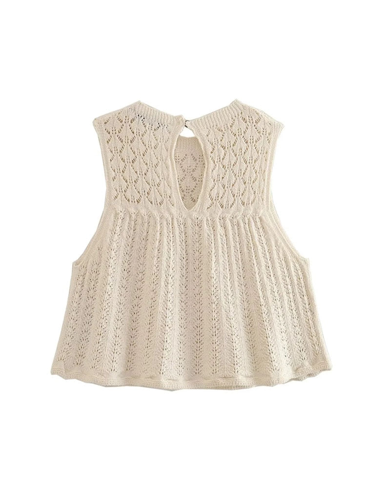 TRAF Y2K Hollow Out Knitted Women Summer 2 Piece Sets 2024 Thin Sleeveless Crop Top Female Ruffles Mini Skirt Suits