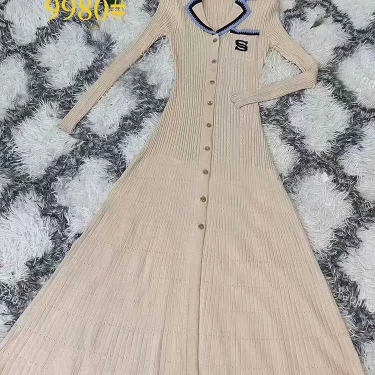 Elegant Women's Slim Fit Knitted Dress Fashionable Polo Neck Short Sleeve Single breasted Design Split Knitted Mid length Dress Khaki