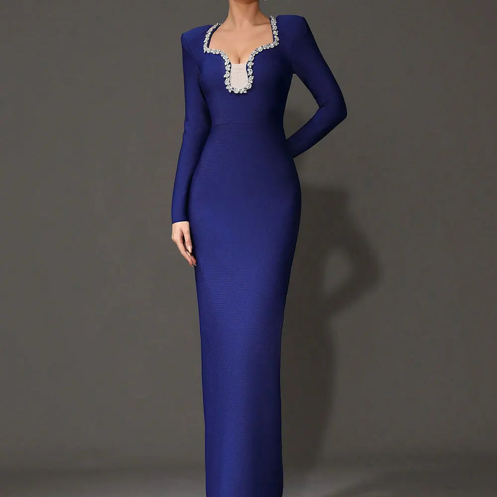 2025 Elegant Women's Light Luxury Nail Diamond Design Bandage Dress U Neck Long Sleeve Bodycon Long Dress Evening Party Vestidos Blue