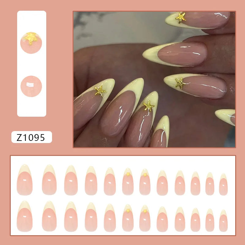 24pcs Summer Green Almond Press on Nails Fashion y2k Star Print False Nails Ins Simple Wearable Reusable Fake Nails for Women 4
