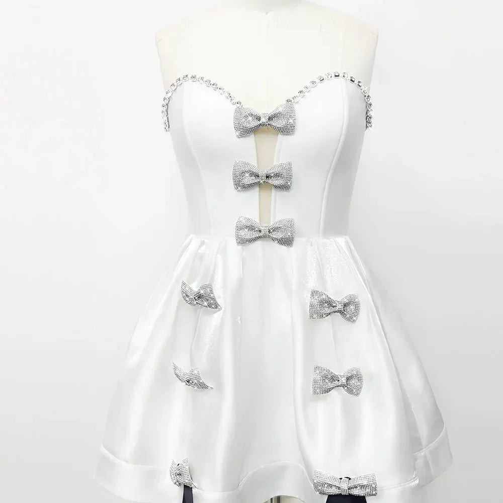 2025 Spring Women's White Puff Dress Strapless Sleeveless Three Dimensional Bow Design A-line Mini Dress Evening Party Vestidos