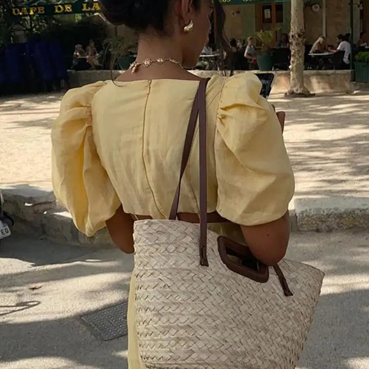 Hollow Square Neck Puff Sleeve Long Dresses Fashion Slim Fit Solid Color Women's Dress Lady Summer Casual Street Vestidos