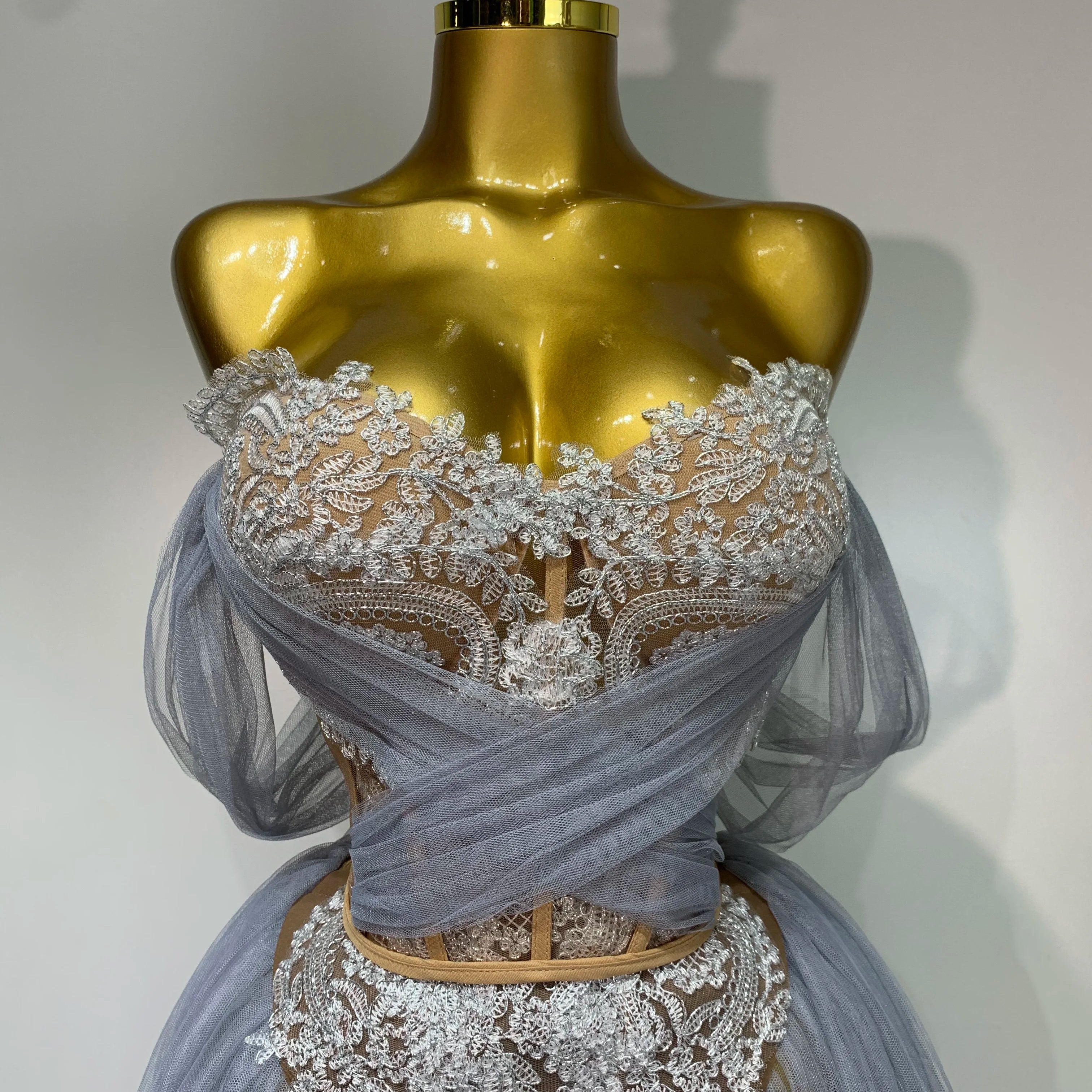 Sexy Backless Mesh Top Skirt Two Pieces Set Celebrate Festival Performance Costume Luxury Birthday Evening Party Design Dress