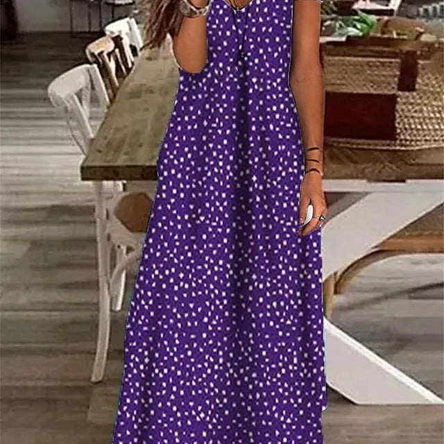 Summer Boho Floral Polka Dot V Neck Long Maxi Dress Elegant Ladies Holiday Beach Loose Retro Sundress Purple
