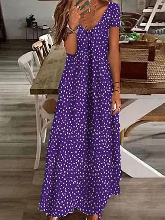 Summer Boho Floral Polka Dot V Neck Long Maxi Dress Elegant Ladies Holiday Beach Loose Retro Sundress Purple