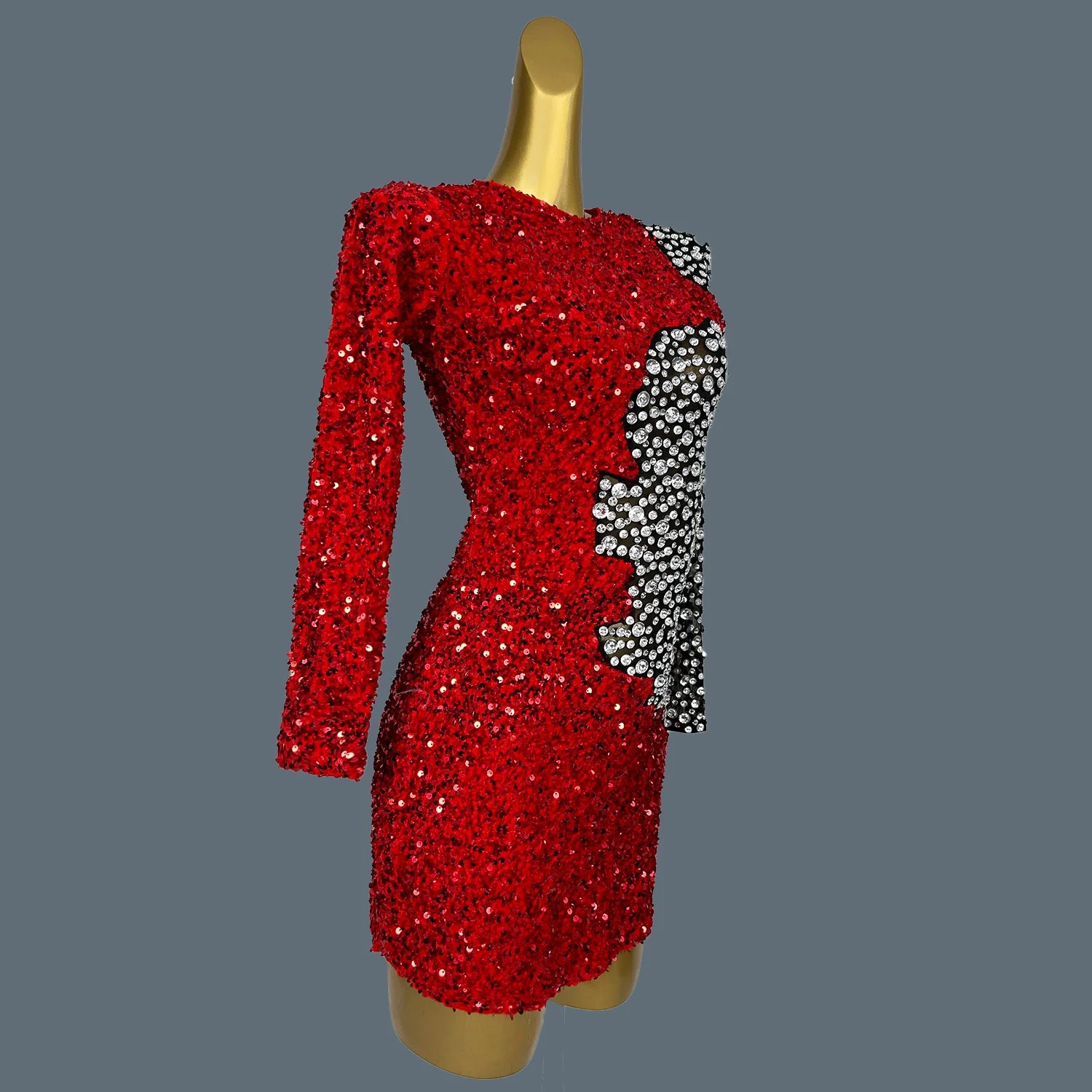Chic Sexy Dresses For Hot Women Party Club Night Sparkly Crystals Full Evening Dress Luxury Red Mini Long Sleeved Dress Hongditu