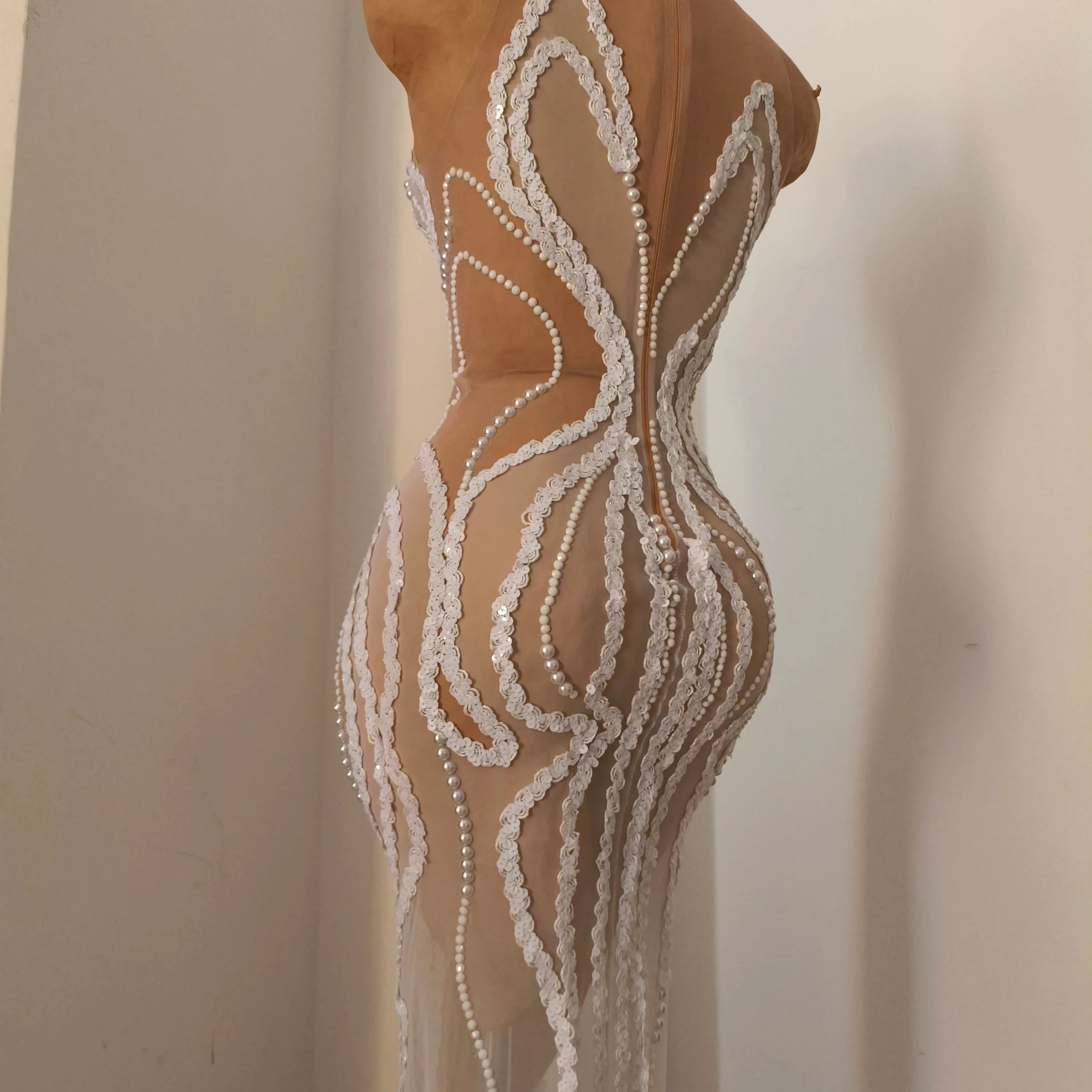 Refined White Sheer Mesh Maxi Dress Women Sexy High Neck Pearl Lace Bodycon Cocktail Nightclub Evening Gala Party Costume