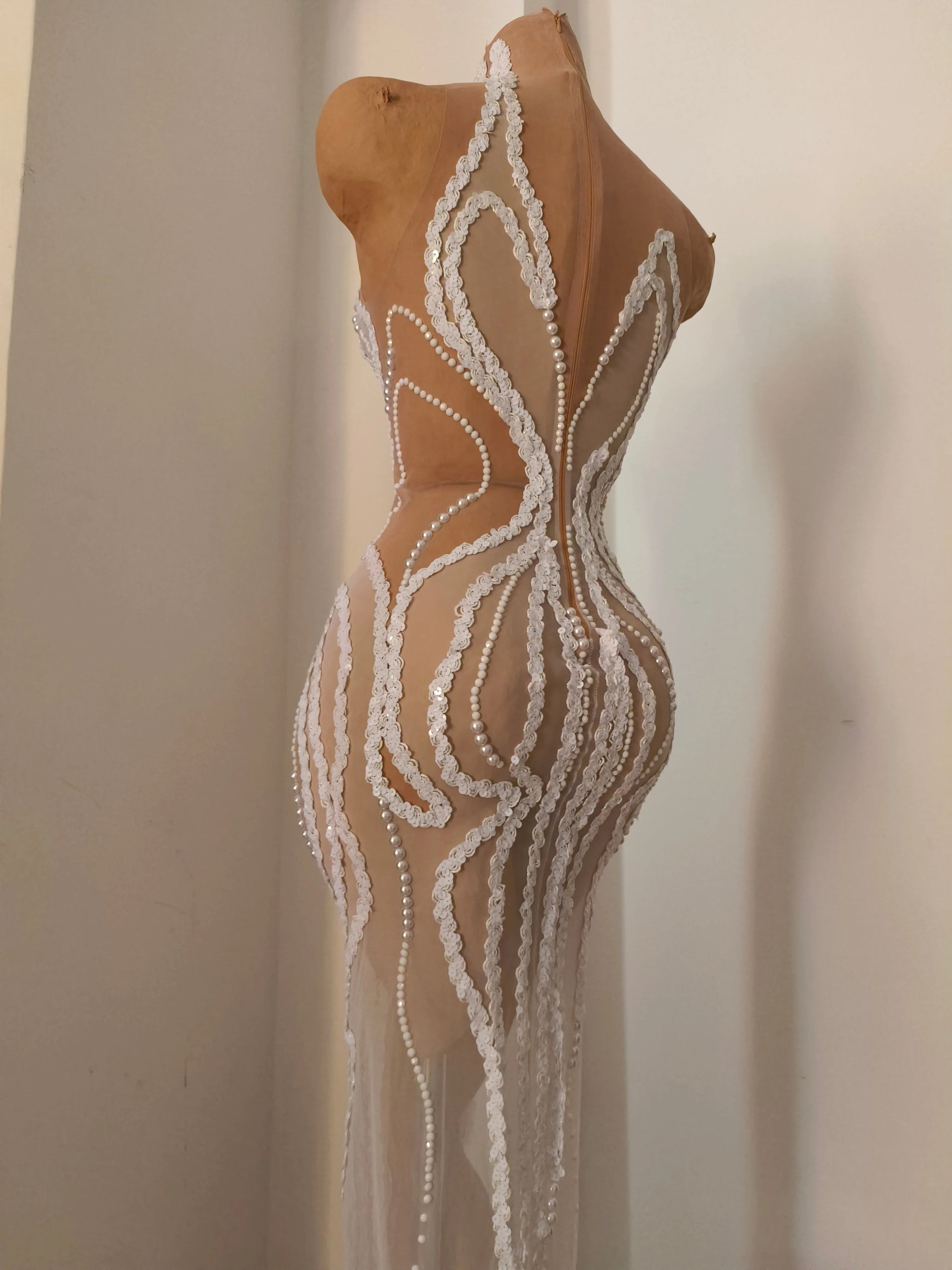 Refined White Sheer Mesh Maxi Dress Women Sexy High Neck Pearl Lace Bodycon Cocktail Nightclub Evening Gala Party Costume