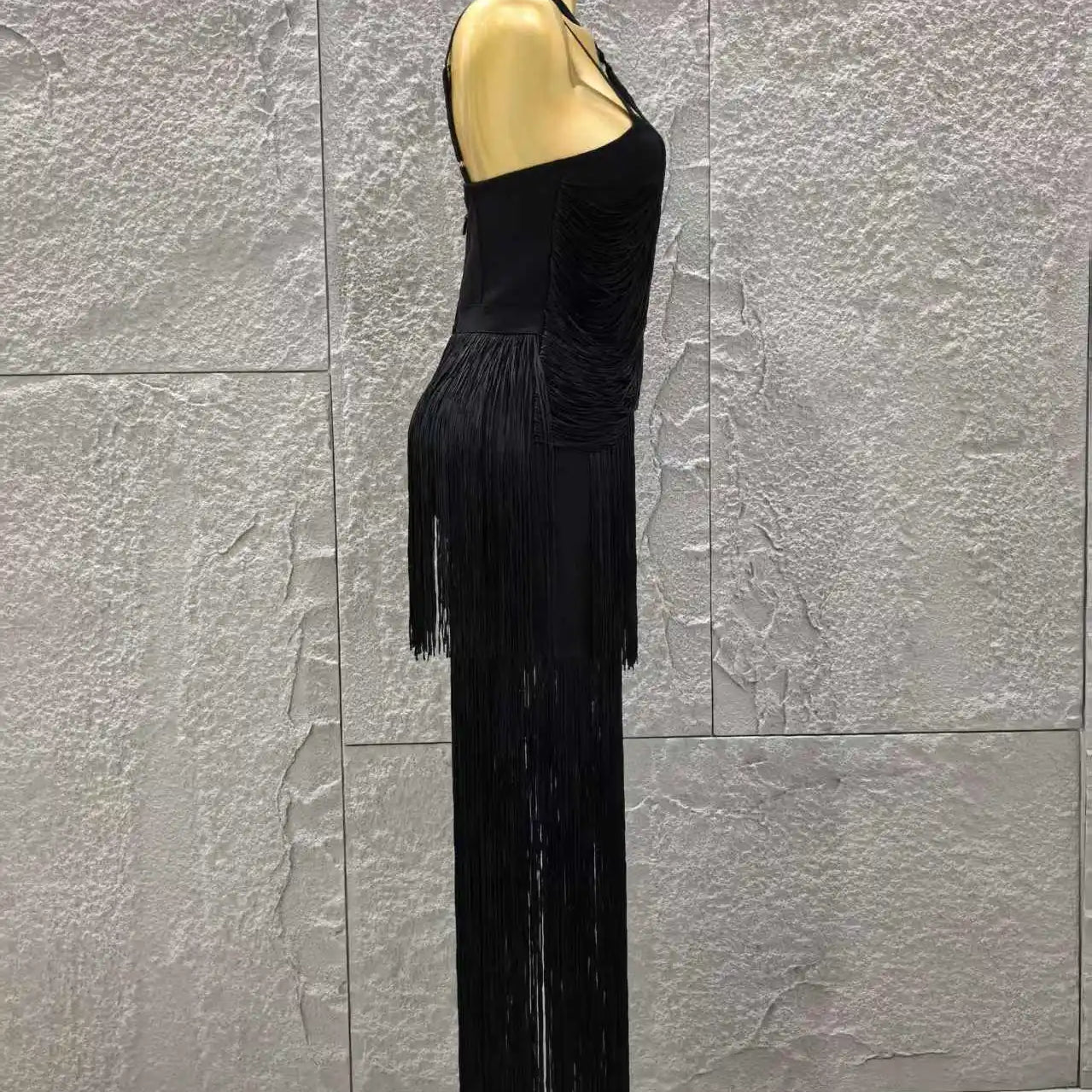 Black Color Women Sleeveless Sexy V-Neck Tassels Bodycon Long Bandage Dress Celebrate Evening Party Cocktail Outfit Vestido