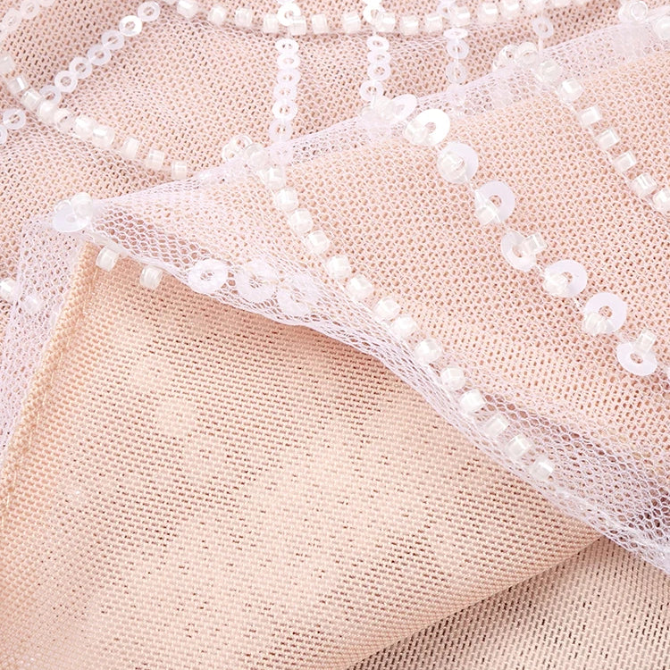 Beige Spilced Folds Short Dress Off The Shoulder Pearl Sequins Beading Chains Mini Cocktail Evening Party Vestido