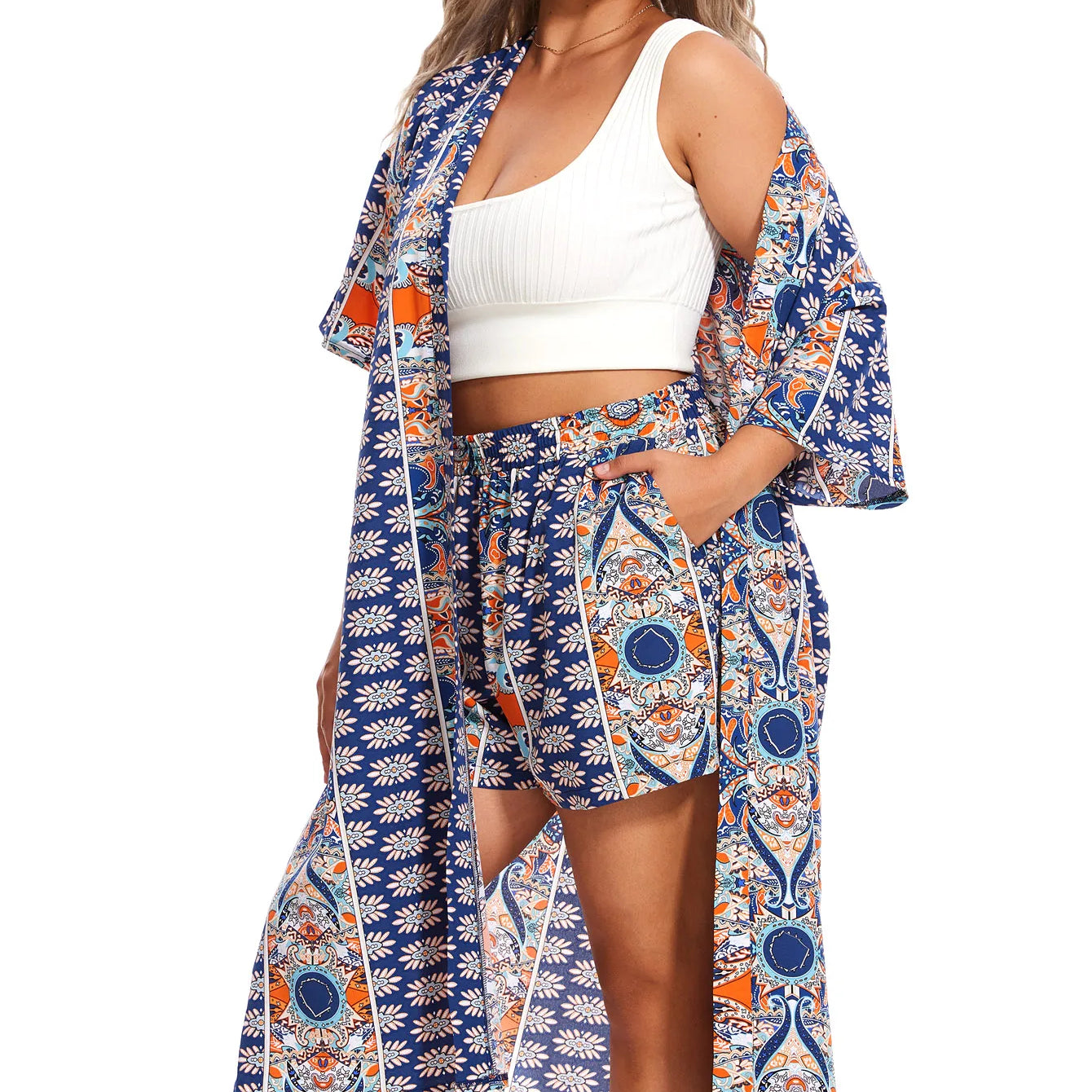 Plus Size Print Two-piece Set, Short Sleeve Open Front Kimono & Elastic Waist Shorts Outfits, Women's Plus Size Clothing