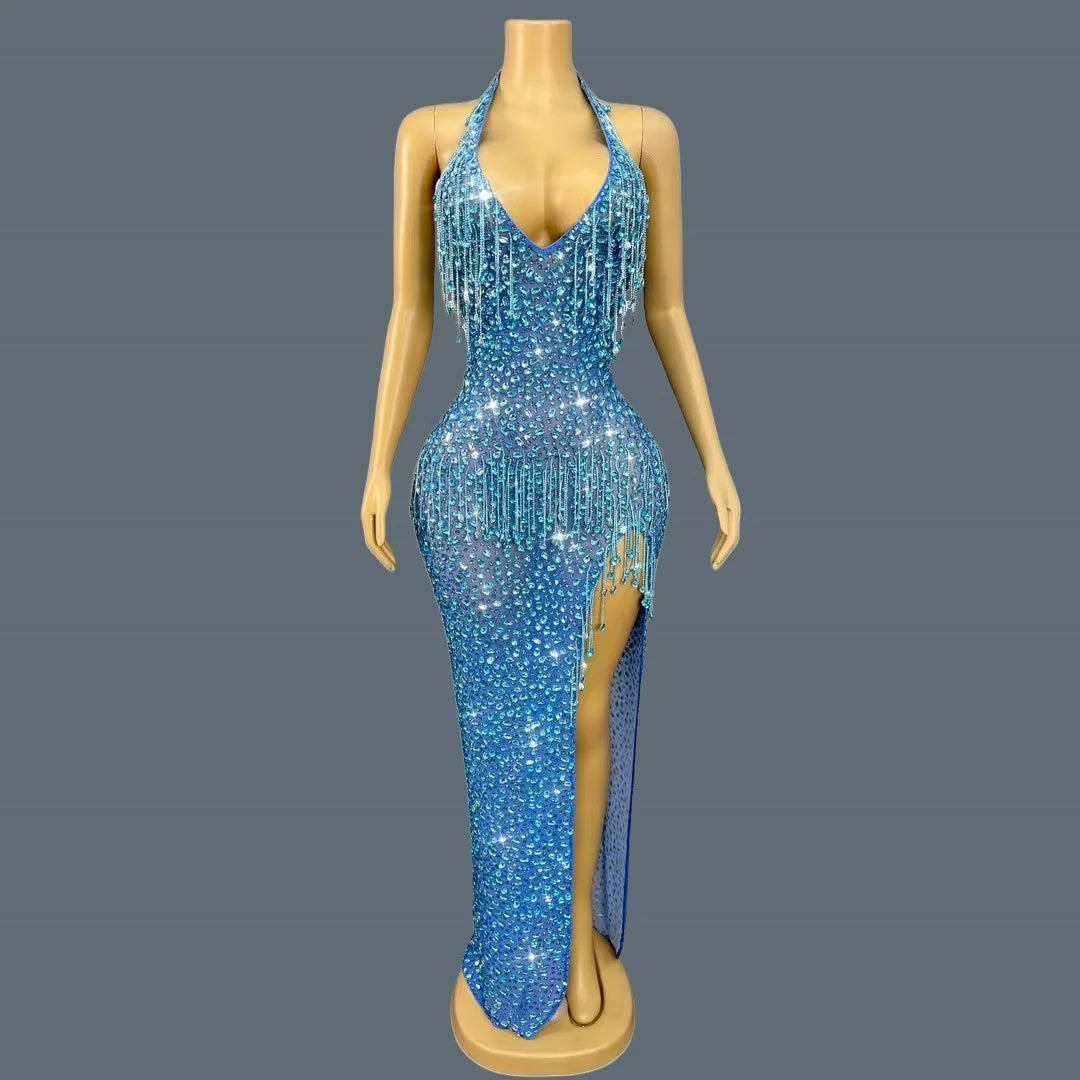 Black Tassel Sparkly Crystals Deep V Neck Evening Gown Low-cut Long Dress Birthday Celebrate Party Photo Shoot Wear Wulongweibo Blue