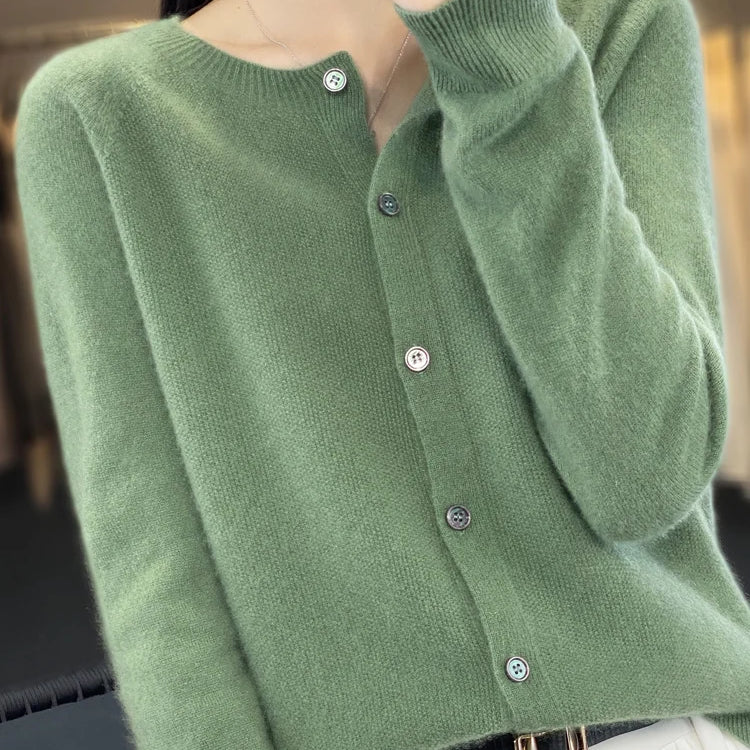 Aliselect Autumn Winter Women 100% Merino Wool Sweater O-Neck Tops Long Sleeve Basic Cashmere Knitwear Cardigan Clothing Coat