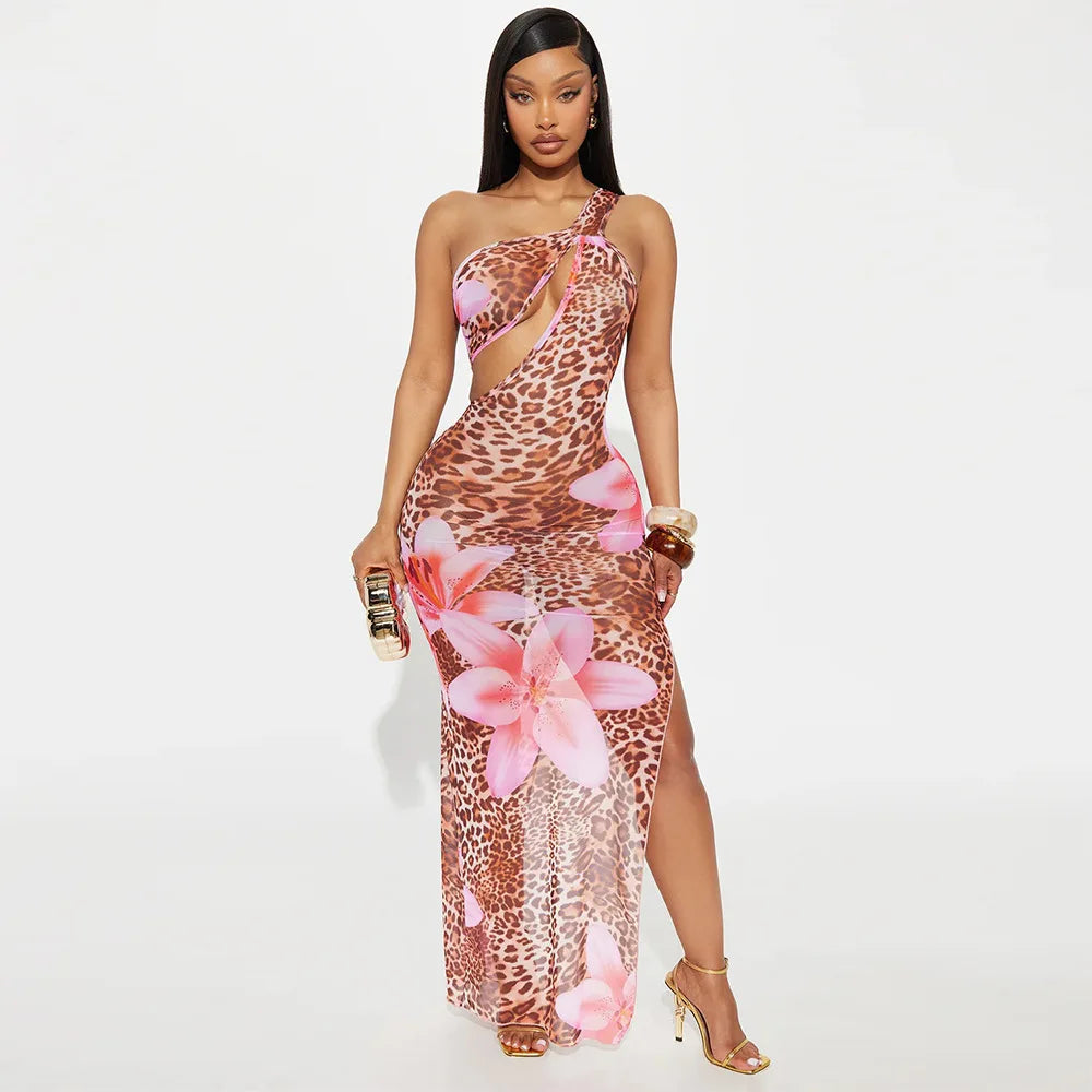 Women Floral Leopsrd Printed Sleeveless High Side Split Long Maxi Dress 2025 Skew Collar Sexy Birthday Party Dresses Pink