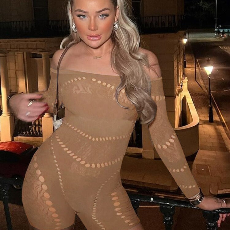 Sisterlinda Sexy Hollow See Through Romper Women Long Sleeve One Shoulder Skinny One Piece Playsuit Female Workout Overalls 2024