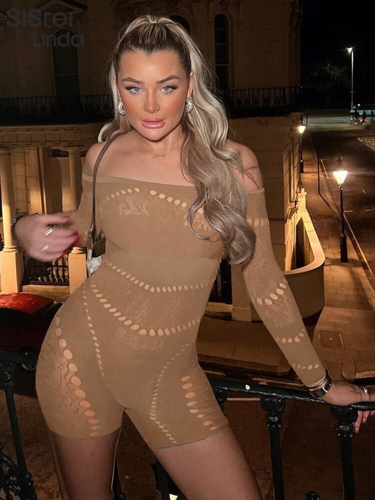 Sisterlinda Sexy Hollow See Through Romper Women Long Sleeve One Shoulder Skinny One Piece Playsuit Female Workout Overalls 2024
