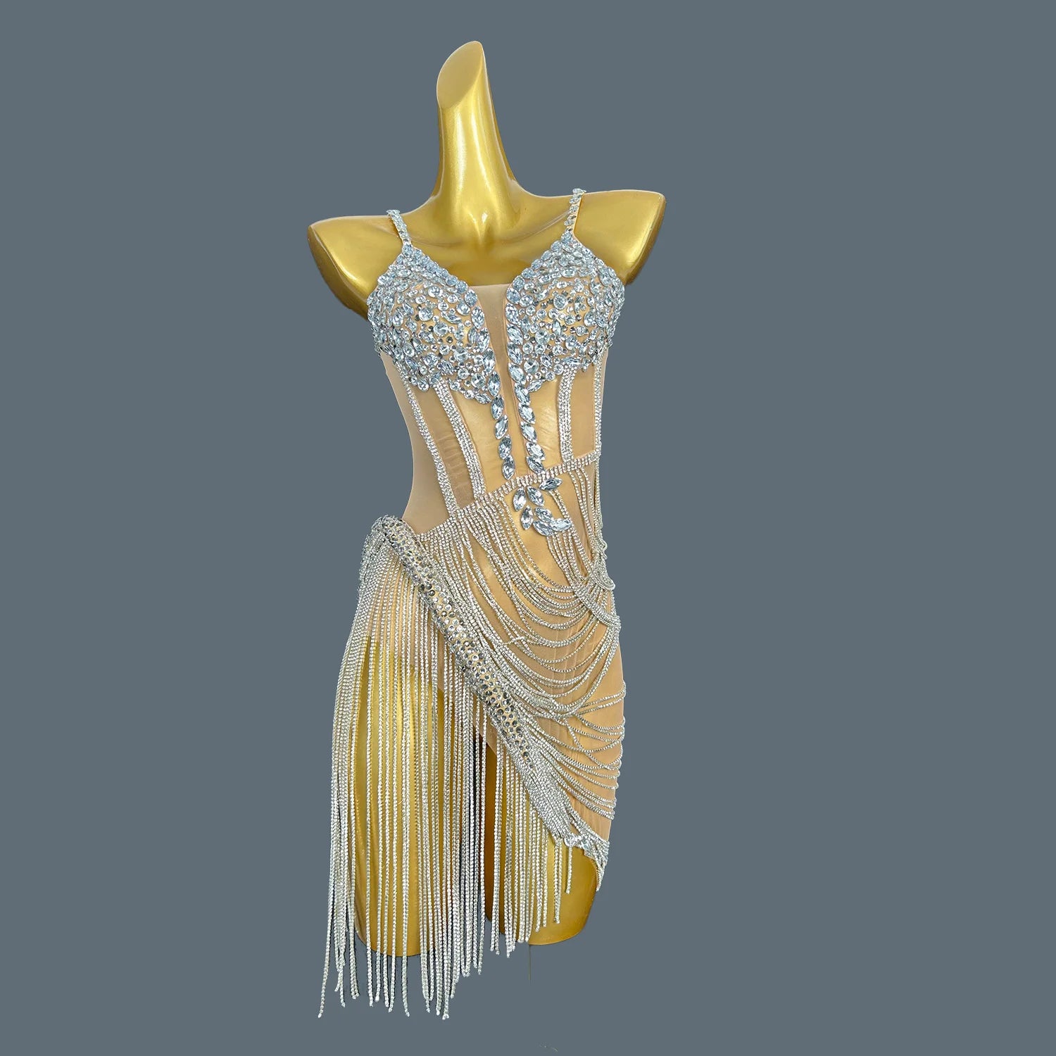 Women Shiny Gold Crystal Chain Diamonds Dress Elastic Sexy Mini Night Club Performance Costume Birthday Party Dress Tassel Liehu Nude