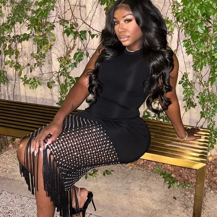 Glamorous Black Sleeveless Dress with Mesh and Fringe Detail Fashion Evening Gown