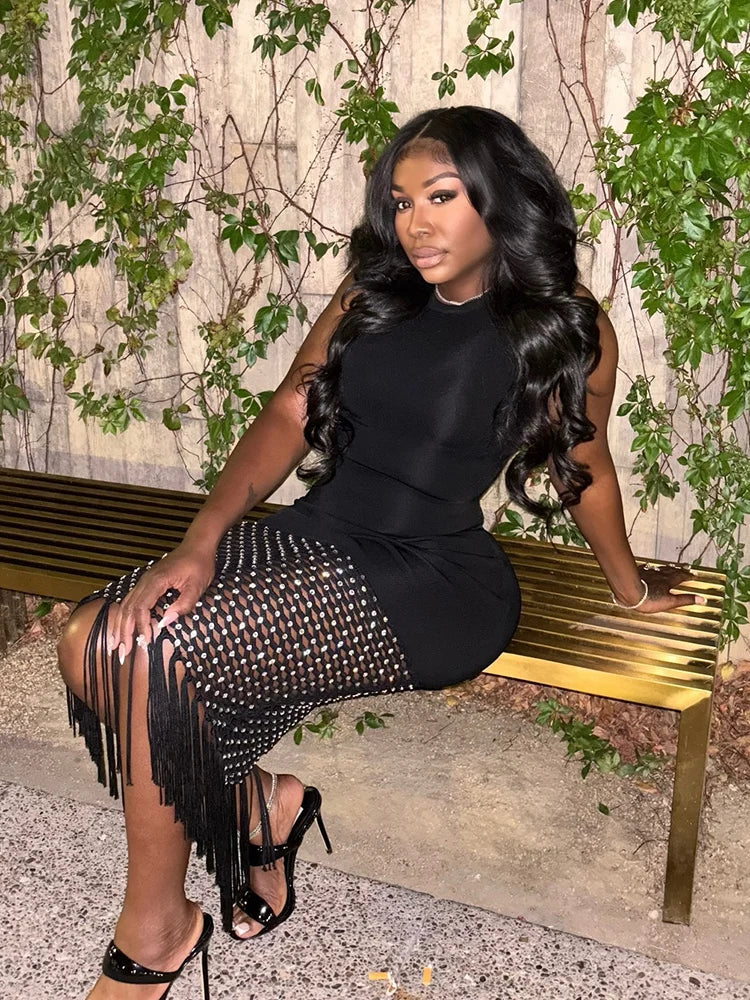 Glamorous Black Sleeveless Dress with Mesh and Fringe Detail Fashion Evening Gown