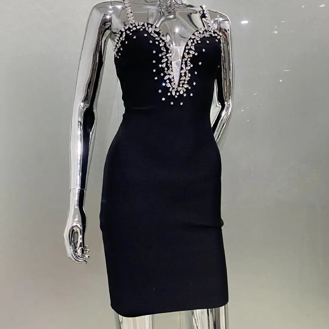 2025 Luxury Sparkling Diamond Sexy Deep V-Neck Black Bandage Mini Dress Fashion Woman Evening Party Dress Birthday Party Outfit