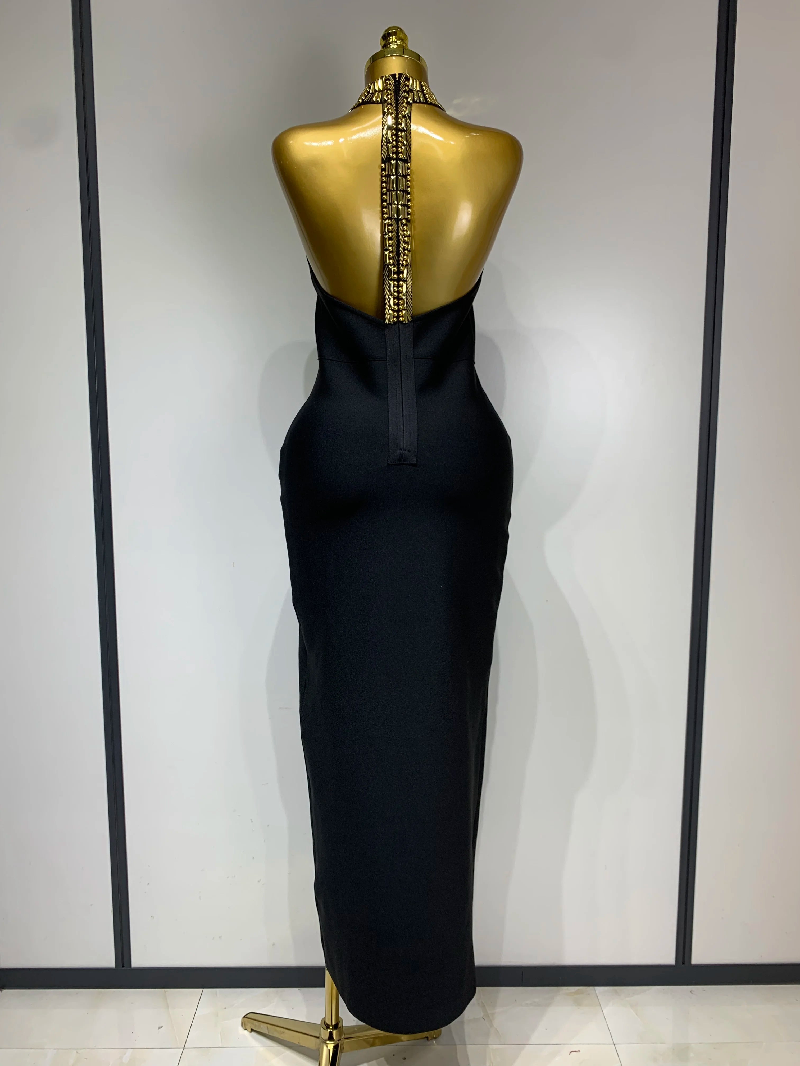 Women Fashion Celebrity Sexy Backless Beading Midi Black Bodycon Bandage Dress 2025 Elegant Evening Club Luxury Birthday Dresses
