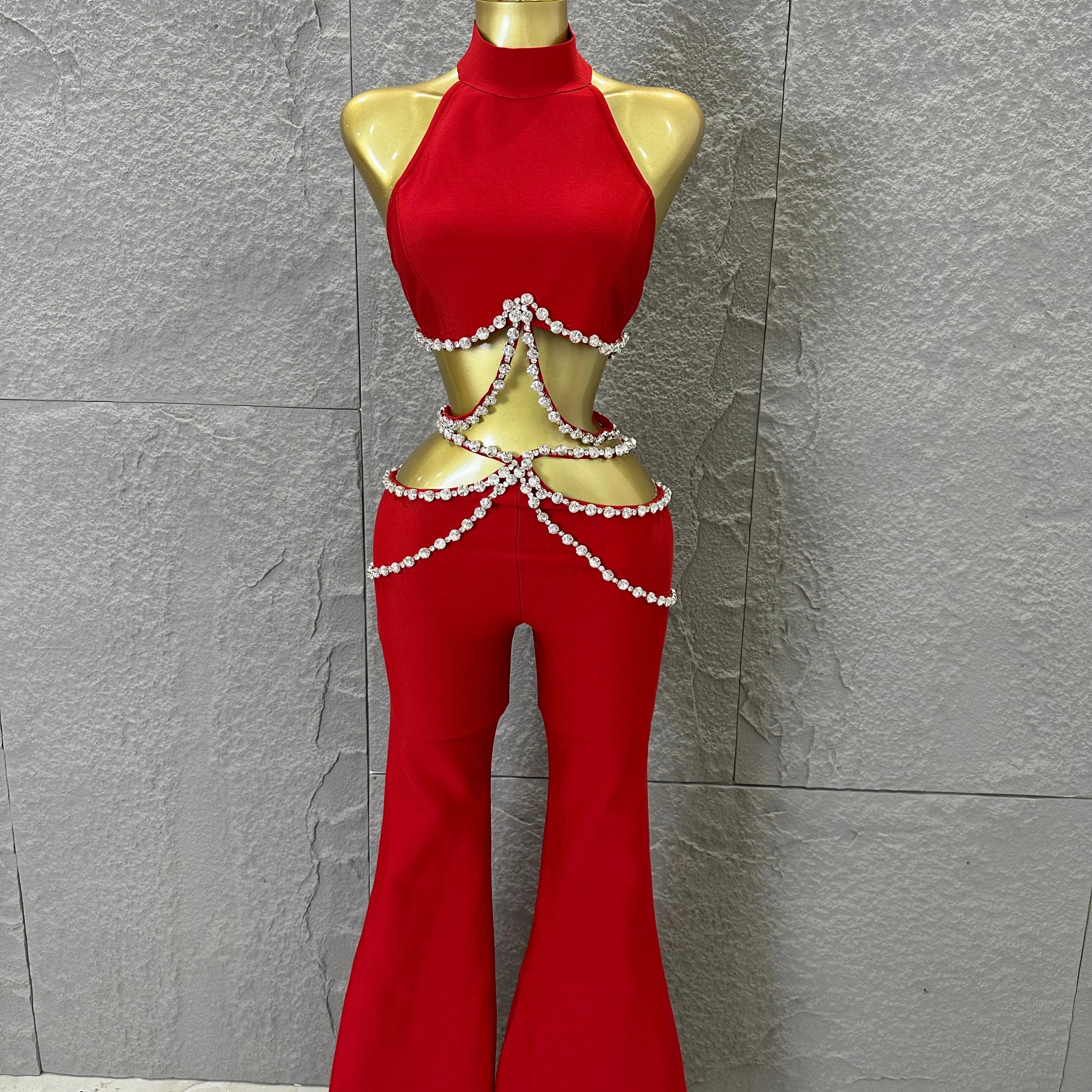 Luxurious Red Two Piece Set Women Sexy Halter Neck Crystal Cutout Crop Top Flare Pants Outfit Stage Performance Costume