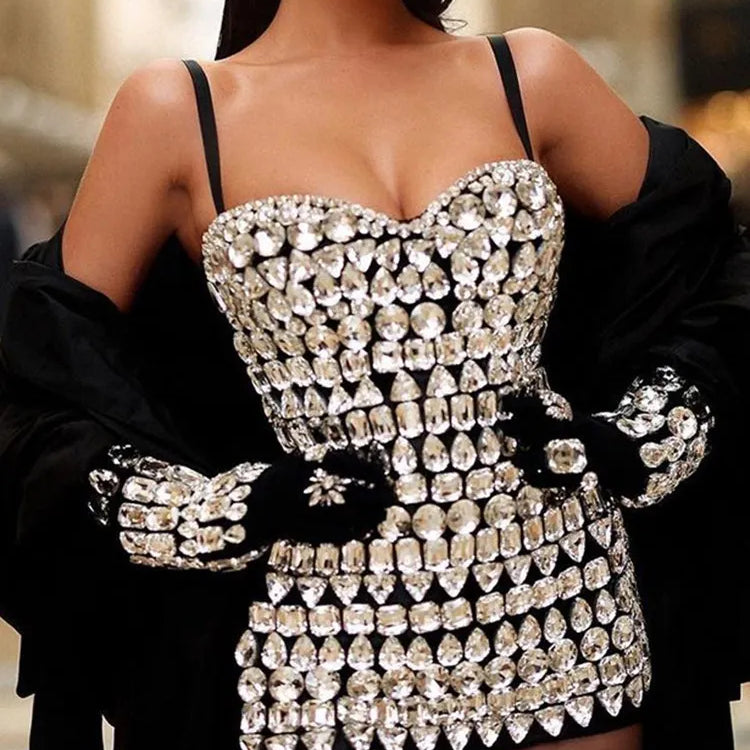 Detachable Gloves Dress Square Collar Sleeveless High Waist Slimming Patchwork Diamond Mini Dress Female Fashion