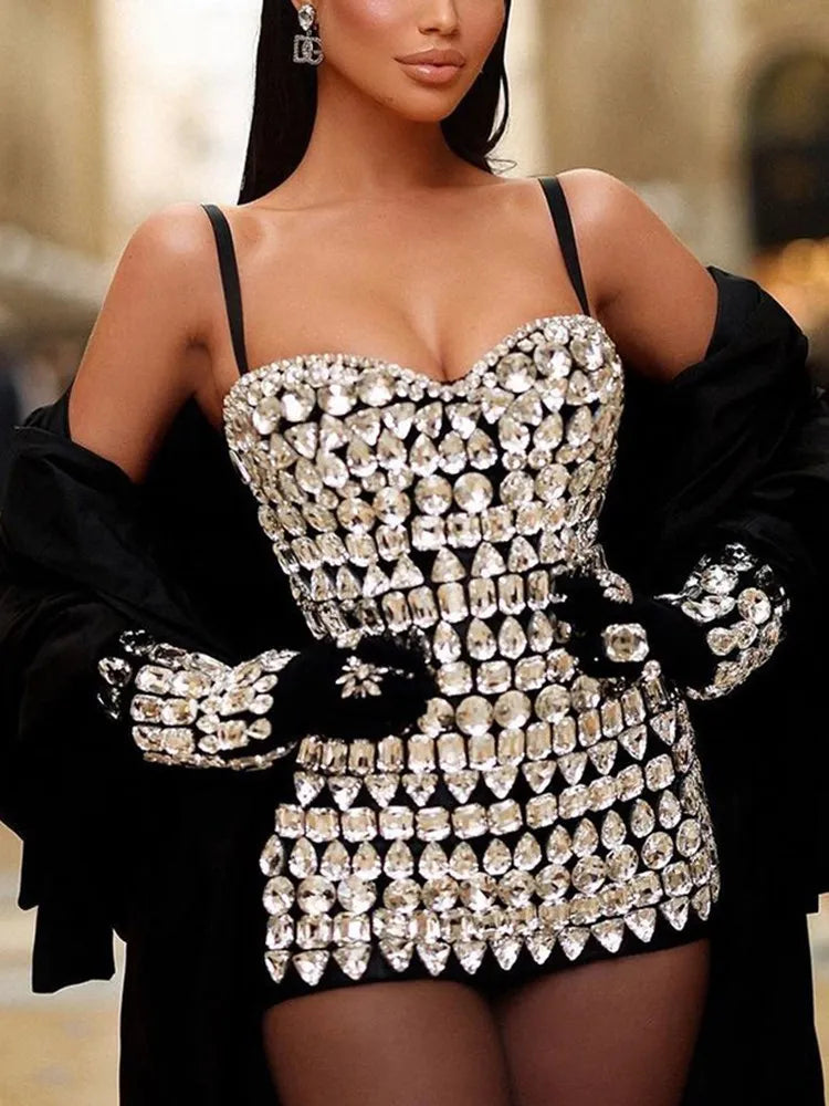 Detachable Gloves Dress Square Collar Sleeveless High Waist Slimming Patchwork Diamond Mini Dress Female Fashion