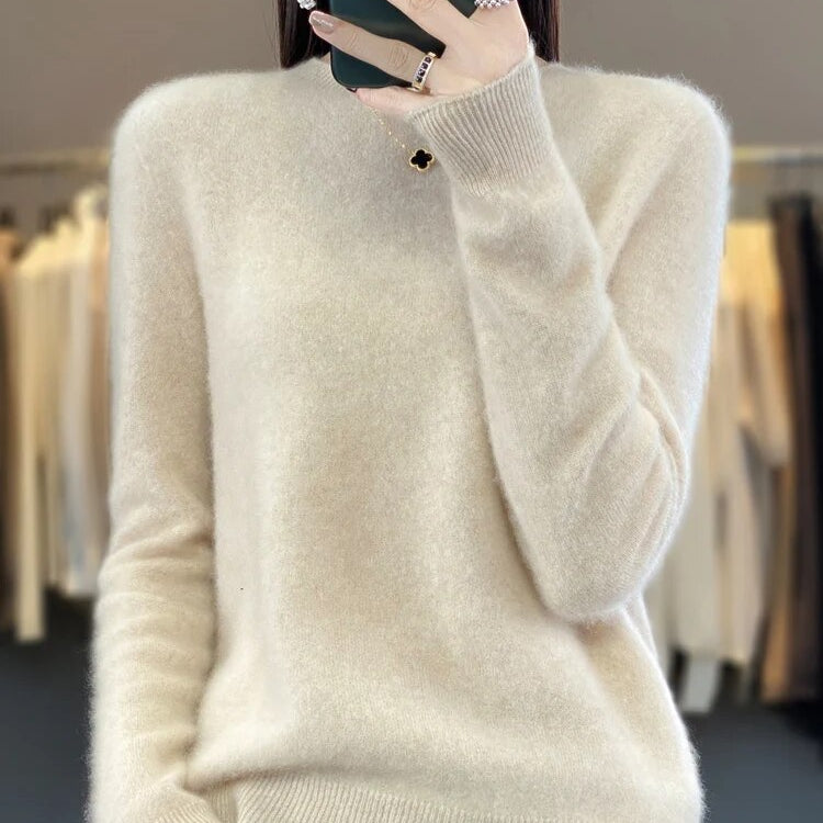 Women 100% Pure Merino Wool Knitted Sweater Autumn Winter Fashion O-Neck Top Cashmere Warm Pullover Seamless Jumper Clothes Beige
