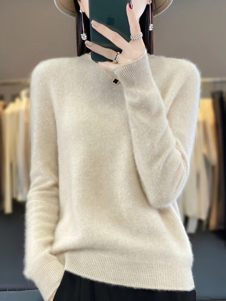 Women 100% Pure Merino Wool Knitted Sweater Autumn Winter Fashion O-Neck Top Cashmere Warm Pullover Seamless Jumper Clothes Beige