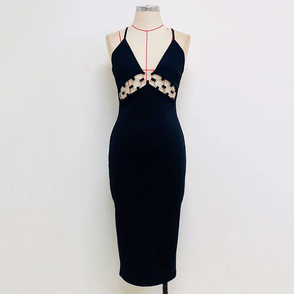 Ailigou Women's Fashion Black Sexy Deep V Neck Sleeveless Gold Ring Hollow Out Backless Skinny Mid Length Celebrity Party Dress black