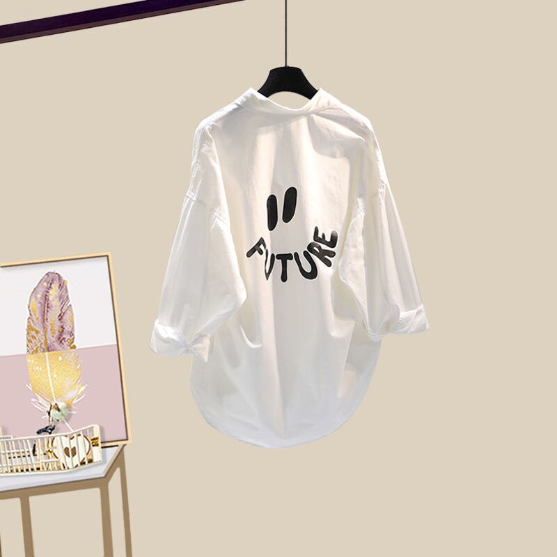 Women Spring Summer Fashion Suit Letter White Shirts Chain Vest Denim Wide Leg Pants 3 Piece Set Lady Casual Streetwear Outfits