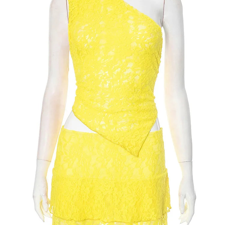 Sexy Slim Fit Women's Two-piece Set Patchwork Irregular Lace Top And Fashion Short Skirt Two-piece Set Ladies Outfits