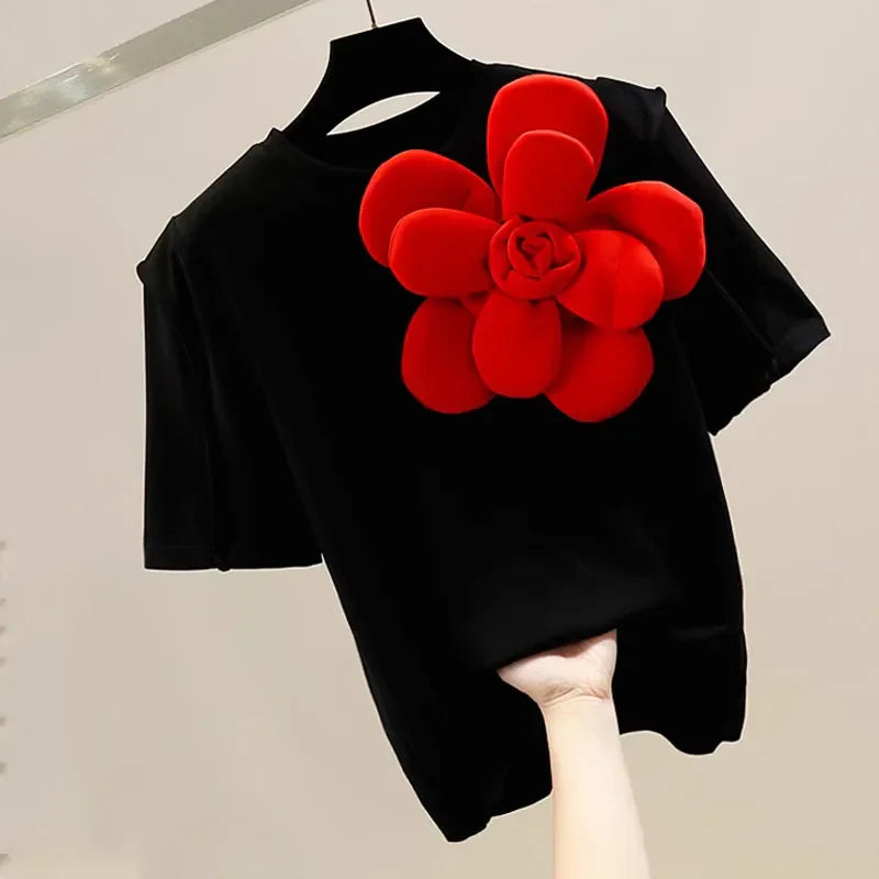OCEANLOVE 3D Flower T Shirt for Women Contrast Color Vintage Spring Summer Ropa De Mujer Korean Fashion Sweet Camisetas black One Size