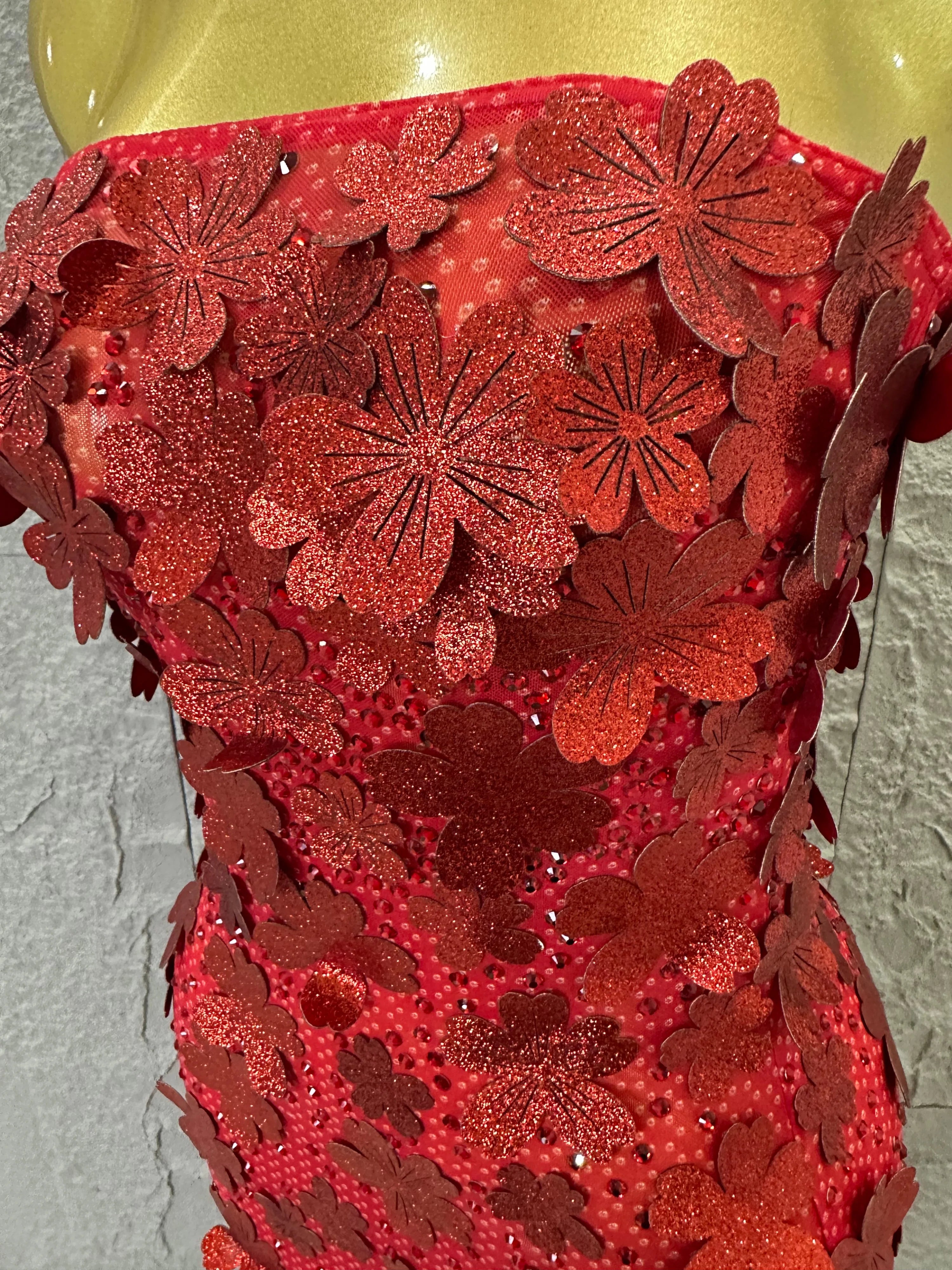 Sparkly Women Sexy Strapless Slim-fit 3D Flower Evening Gala Party Nightclub Cocktail Party Stage Performance Costume