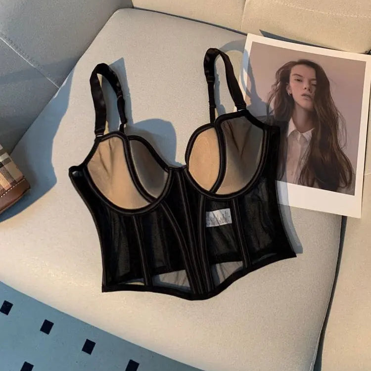 Women's Chic Mesh Fishbone Camisole Inner Wear Outer Wear Corset Crop Top Waist-Tight Sexy Bra White Black 2023