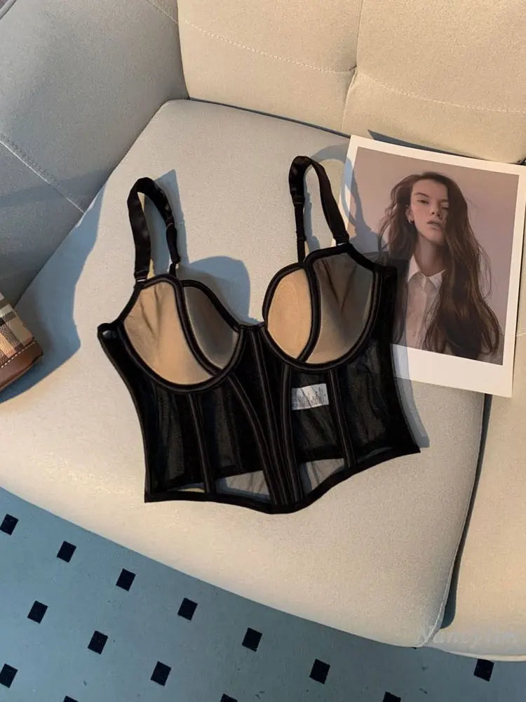 Women's Chic Mesh Fishbone Camisole Inner Wear Outer Wear Corset Crop Top Waist-Tight Sexy Bra White Black 2023