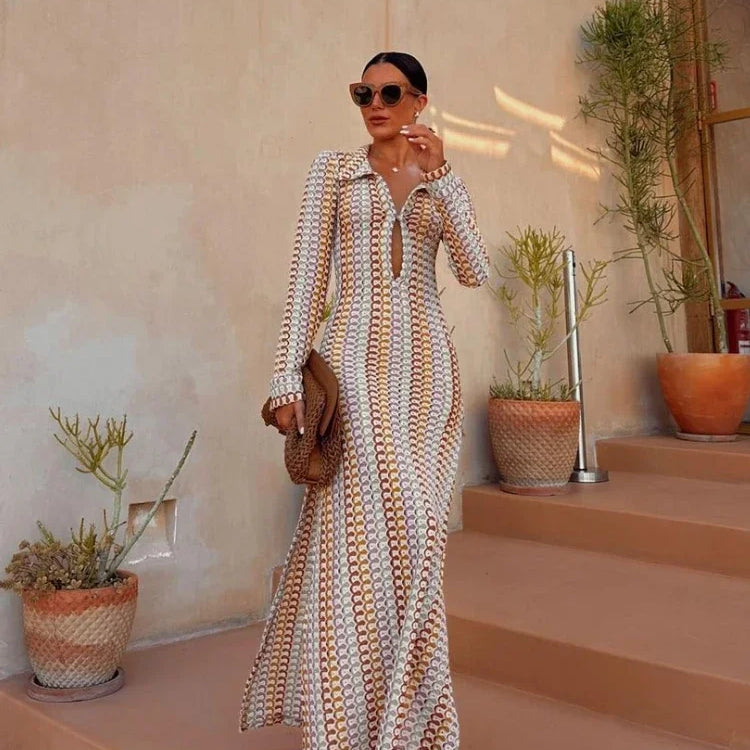 WeiYao Handmade Crochet Multi-color Hollow Out Split Maxi Dress for Women Deep V Long Sleeve Elegant Bohemian Sexy Bodycon Dress MULTI